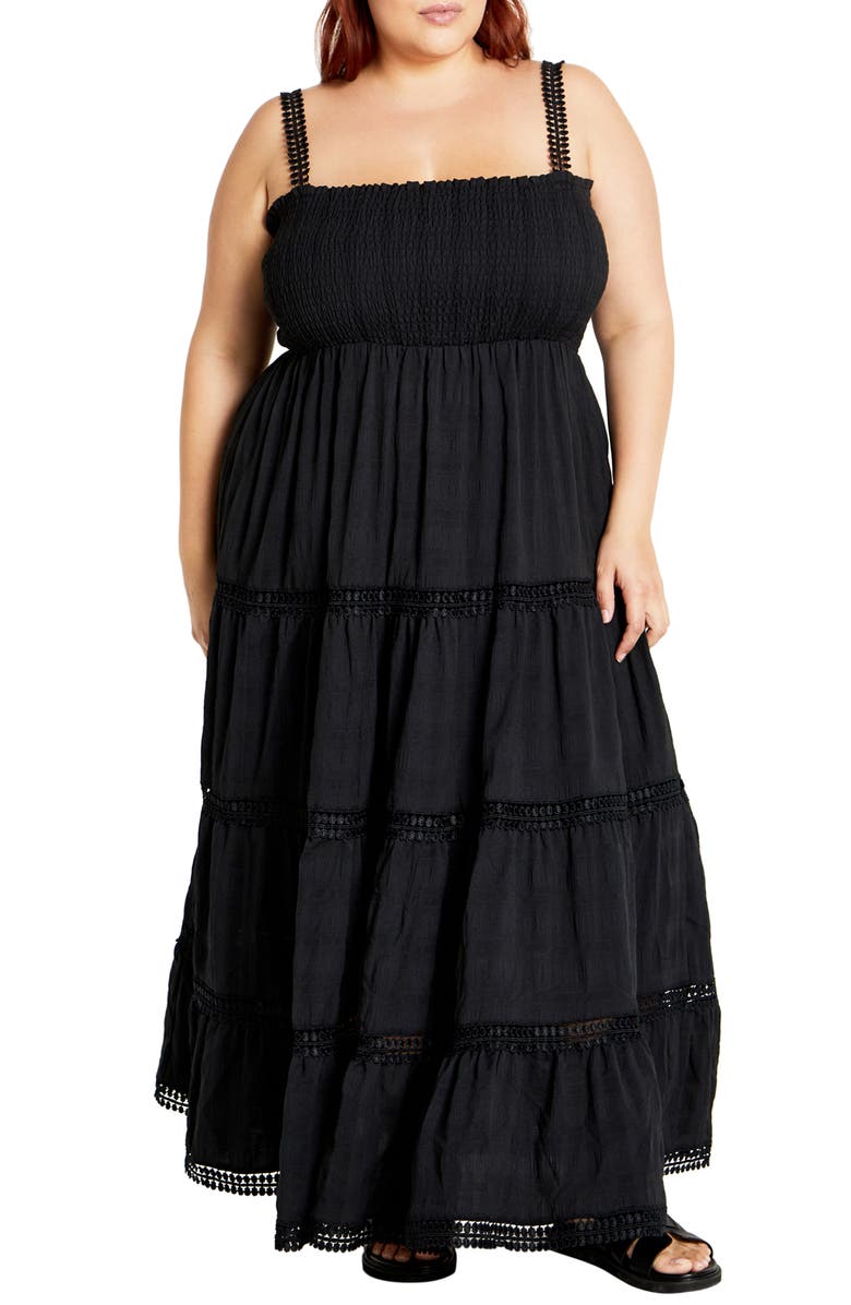 City Chic Dakota Tiered Maxi Sundress, Main, color, Black