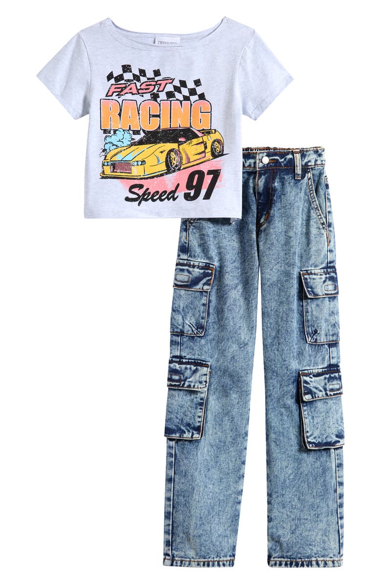 Tween Diva Kids' Fast Racing Graphic T-Shirt & Cargo Jeans Set, Main, color, Gray