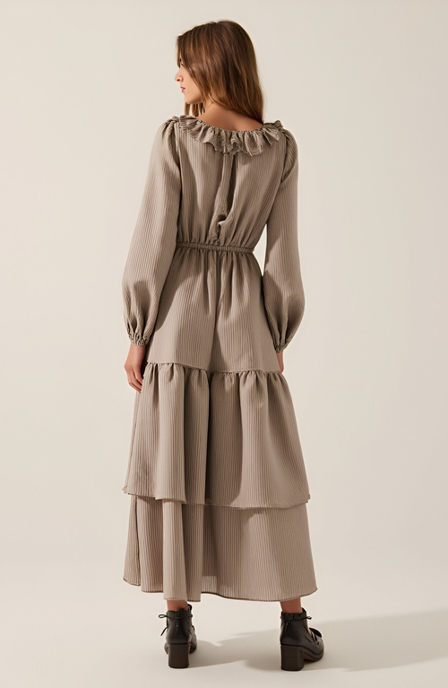 Modenaire Textured Stripe Maxi Dress With V-neck Flounce Ruffle, Bubble Sleeves And Side Slit In Gray