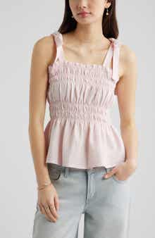 Gingham Shirred Linen Blend Top