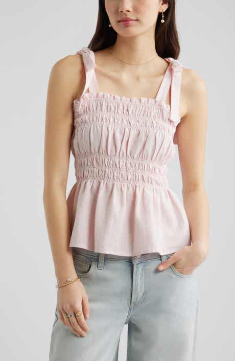 Gingham Shirred Linen Blend Top