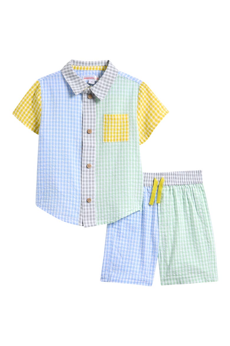 Kids' Gingham Patchwork Magnetic Button-Up Shirt & Shorts Set, Main, color, BLUE/ GREEN MULTI