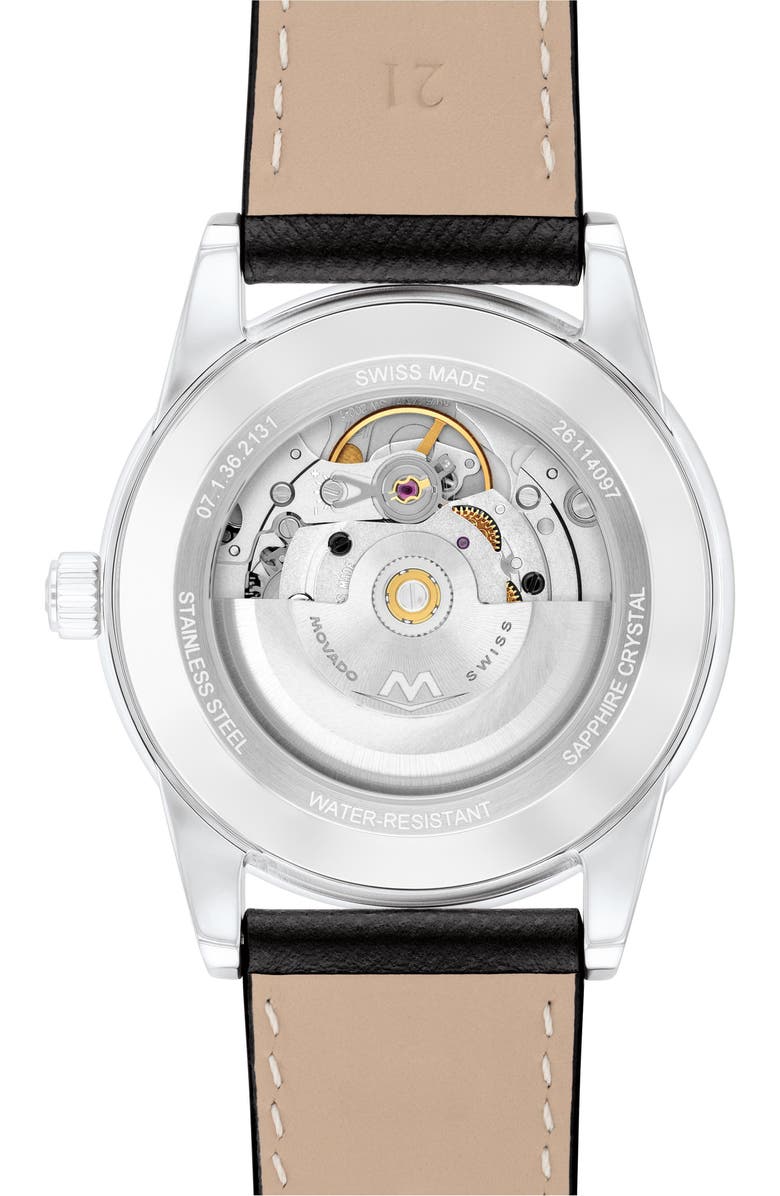 Movado Museum Classic Automatic Leather Strap Watch, 40mm, Alternate, color, Black/ Silver