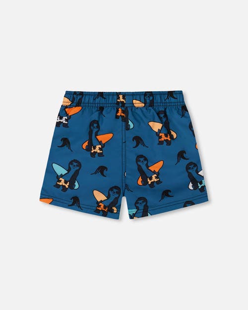 Deux Par Deux Boy's Printed Swim Trunks Orange Sloths On Navy Blue In Orange Sloths On Navy Blue