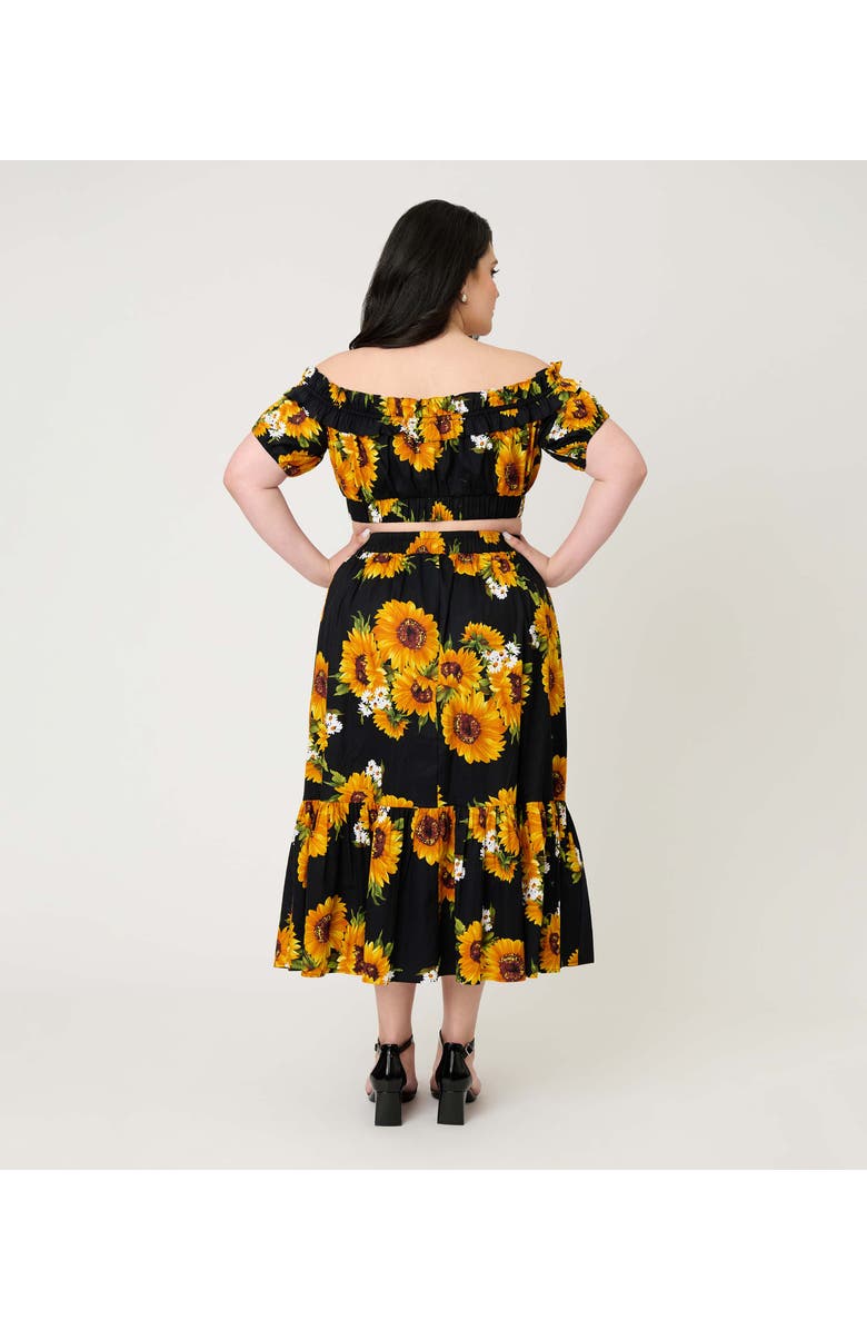Unique Vintage Plus Size 1950s Tiered Midi Skirt, Alternate, color, Black Sunflower Print