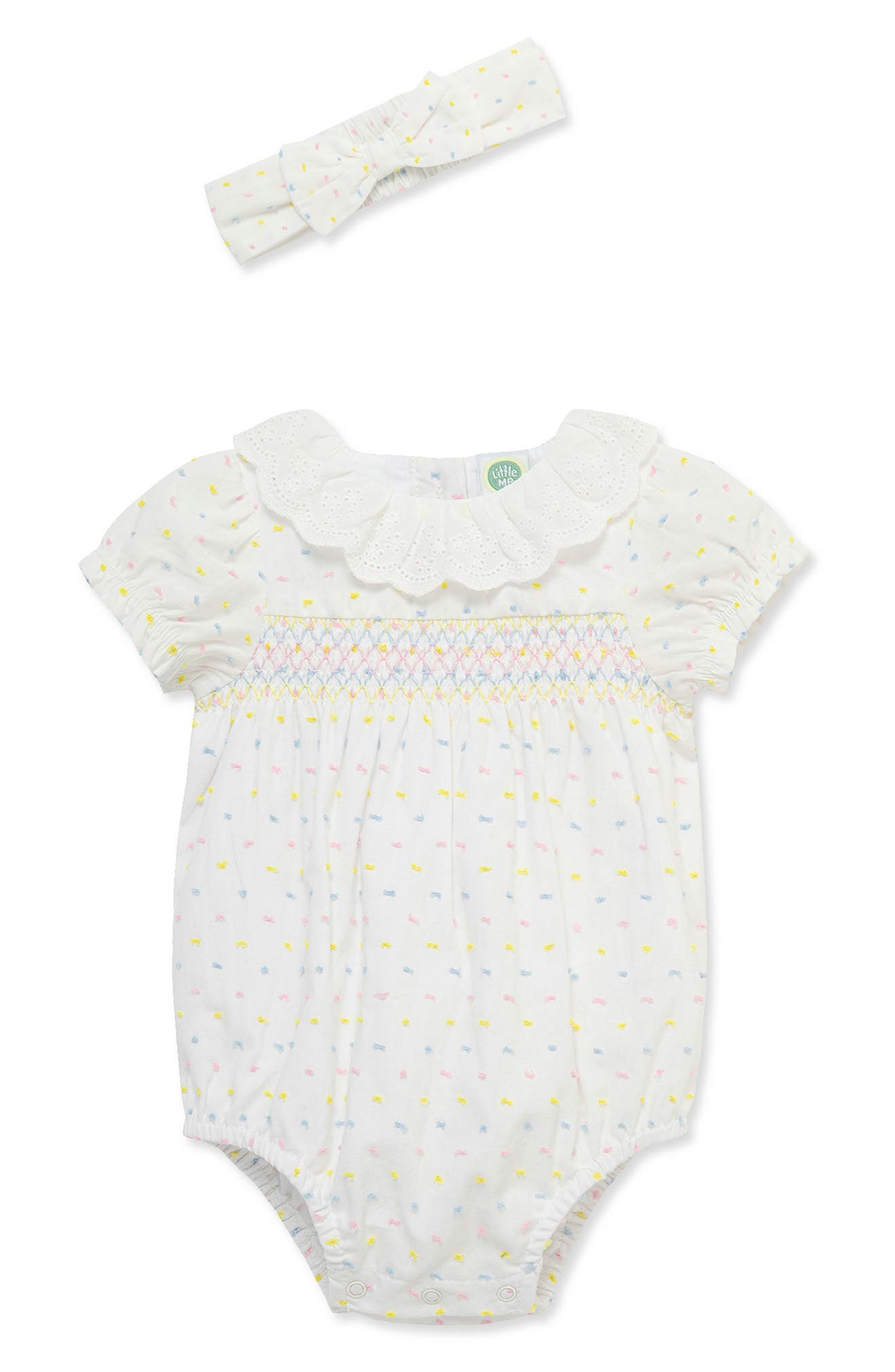 Little Me Smocked Bubble Dot Romper & Headband Set