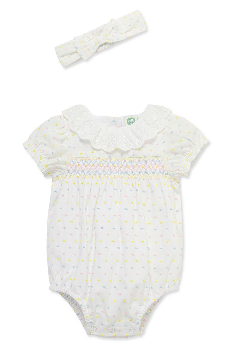Smocked Bubble Dot Romper & Headband Set, Main, color, MULTI