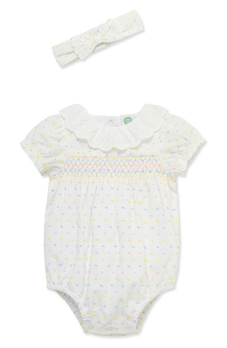 Little Me Smocked Bubble Dot Romper & Headband Set, Main, color, Multi