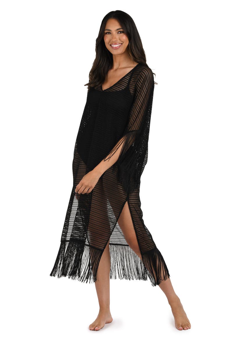 Fringe Open Stitch Caftan, Alternate, color, BLACK