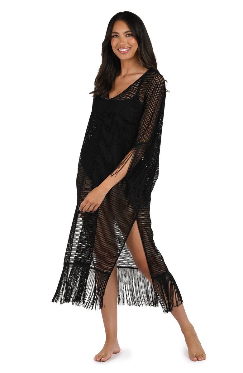 La Blanca Fringe Open Stitch Caftan, Alternate, color, Black