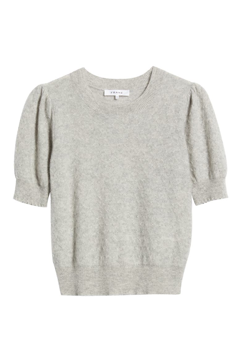 Puff Sleeve Pointelle Cashmere Sweater, Alternate, color, LIGHT HEATHER GREY
