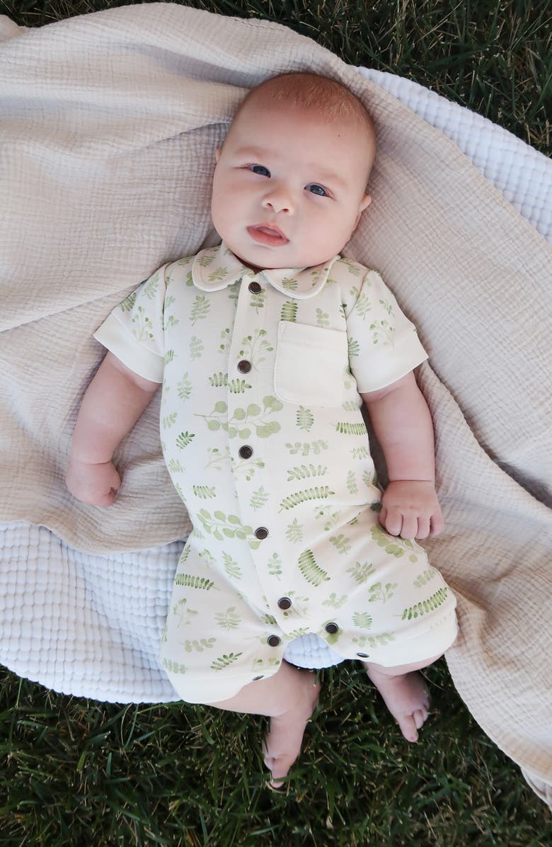 L'ovedbaby Print Organic Cotton Pocket Romper, Alternate, color, Stone Botanica