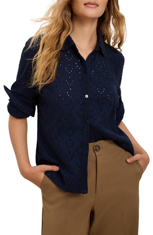 Nic + Zoe Nic+zoe Embroidered Eyelet Button-up Shirt In Blue