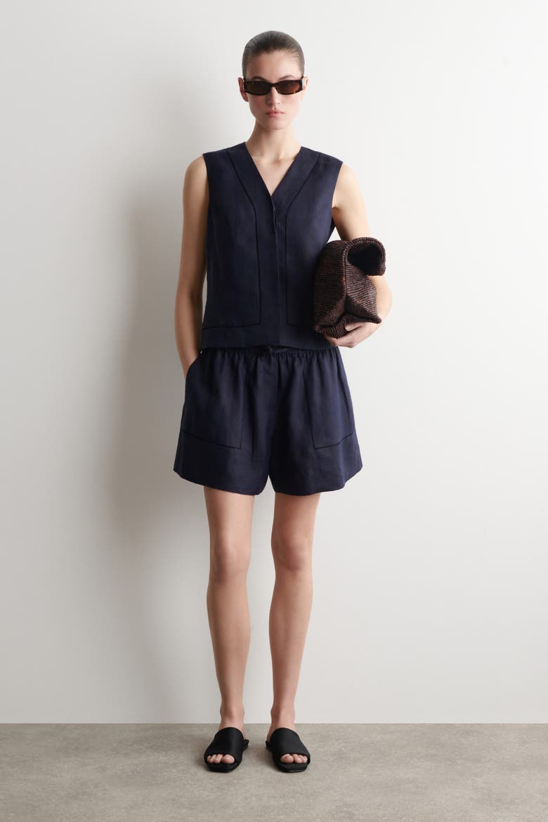 Embroidered-detail Linen Waistcoat, Alternate, color, NAVY