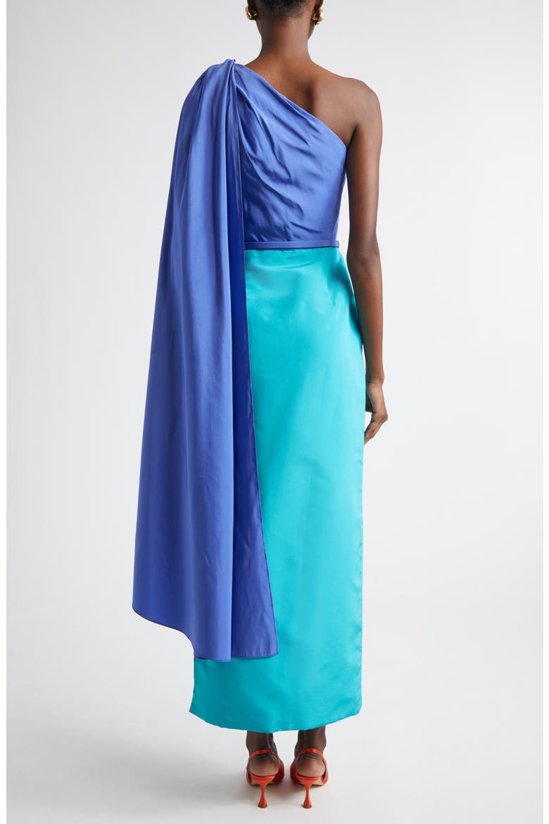 Colorblock Belted Silk Faille Gown with Detachable Cape Sleeve, Alternate, color, TURQUOISE MULTI