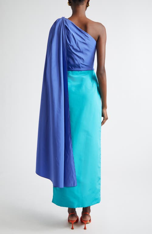 Carolina Herrera Colorblock Belted Silk Faille Gown With Detachable Cape Sleeve In Multi
