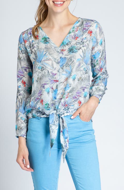 Print V-Neck Tie Front Chiffon Top