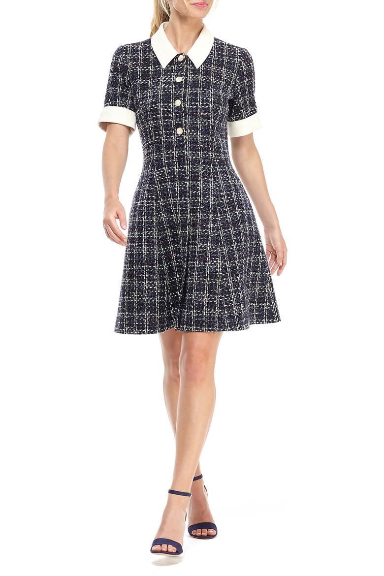 Leslie Bouclé Tweed Button Front Fit & Flare Dress, Main, color, CREAM/ NAVY