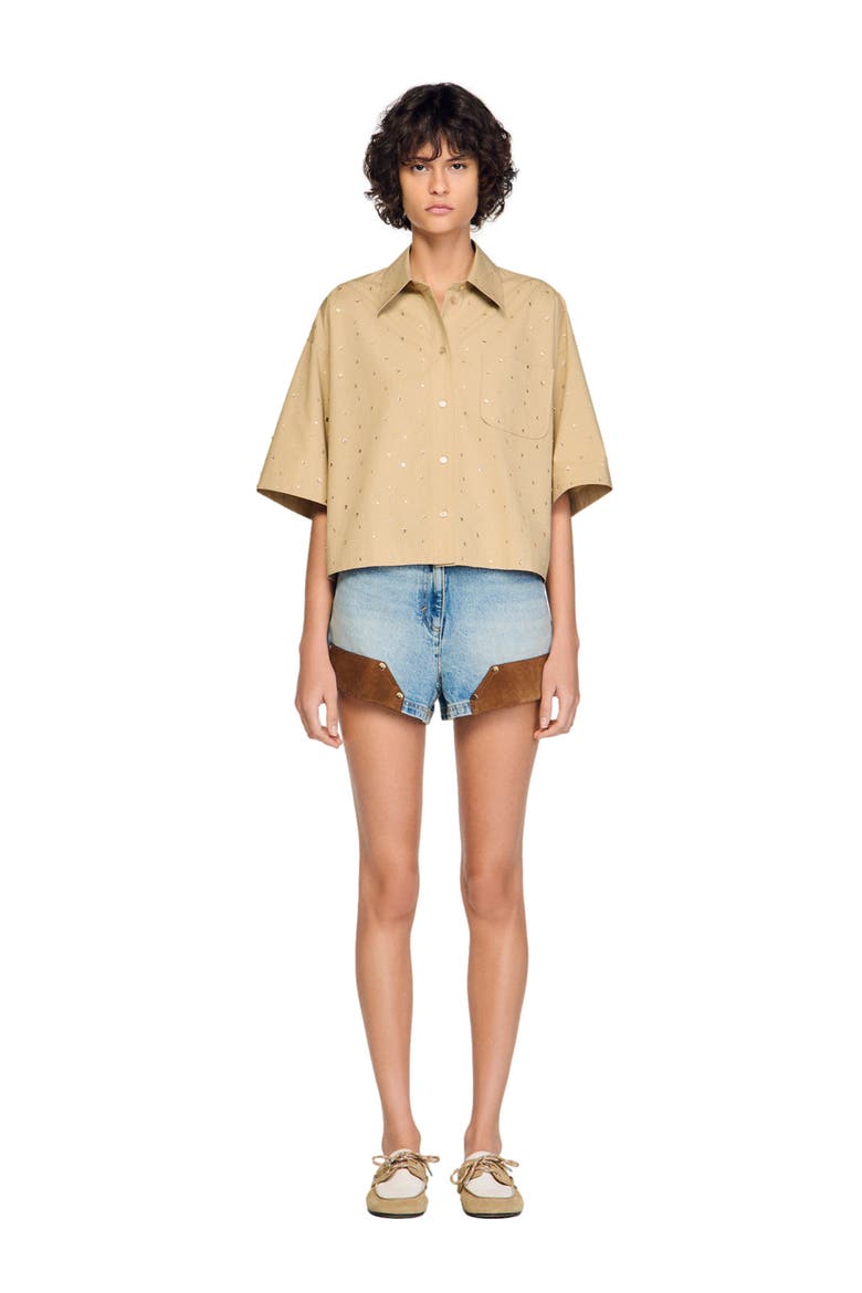 Cotton shirt with rhinestones, Alternate, color, Beige