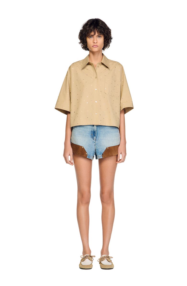SANDRO Cotton shirt with rhinestones, Alternate, color, Beige