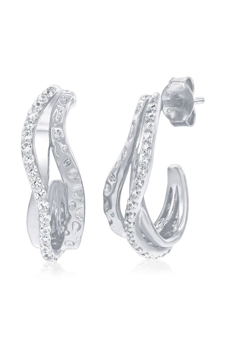 Cubic Zirconia Wavy Hoop Earrings, Main, color, SILVER