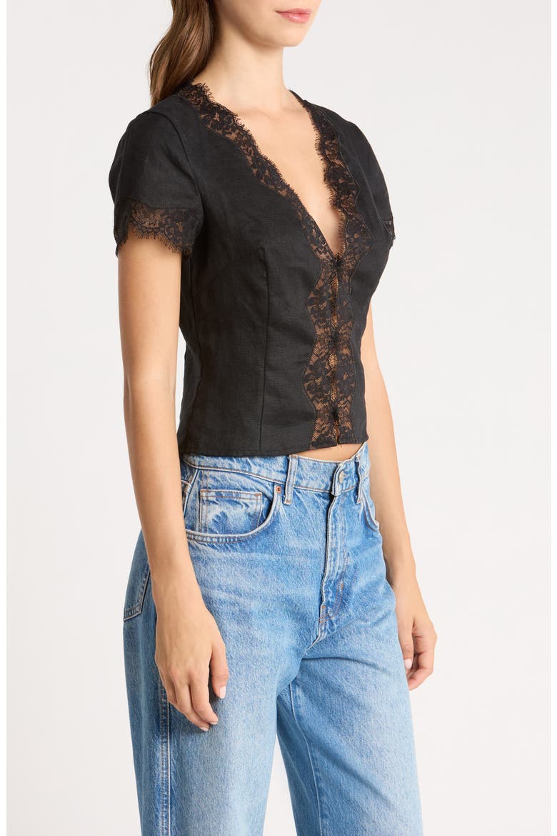 Brynn Lace Trim Linen Crop Top, Alternate, color, BLACK