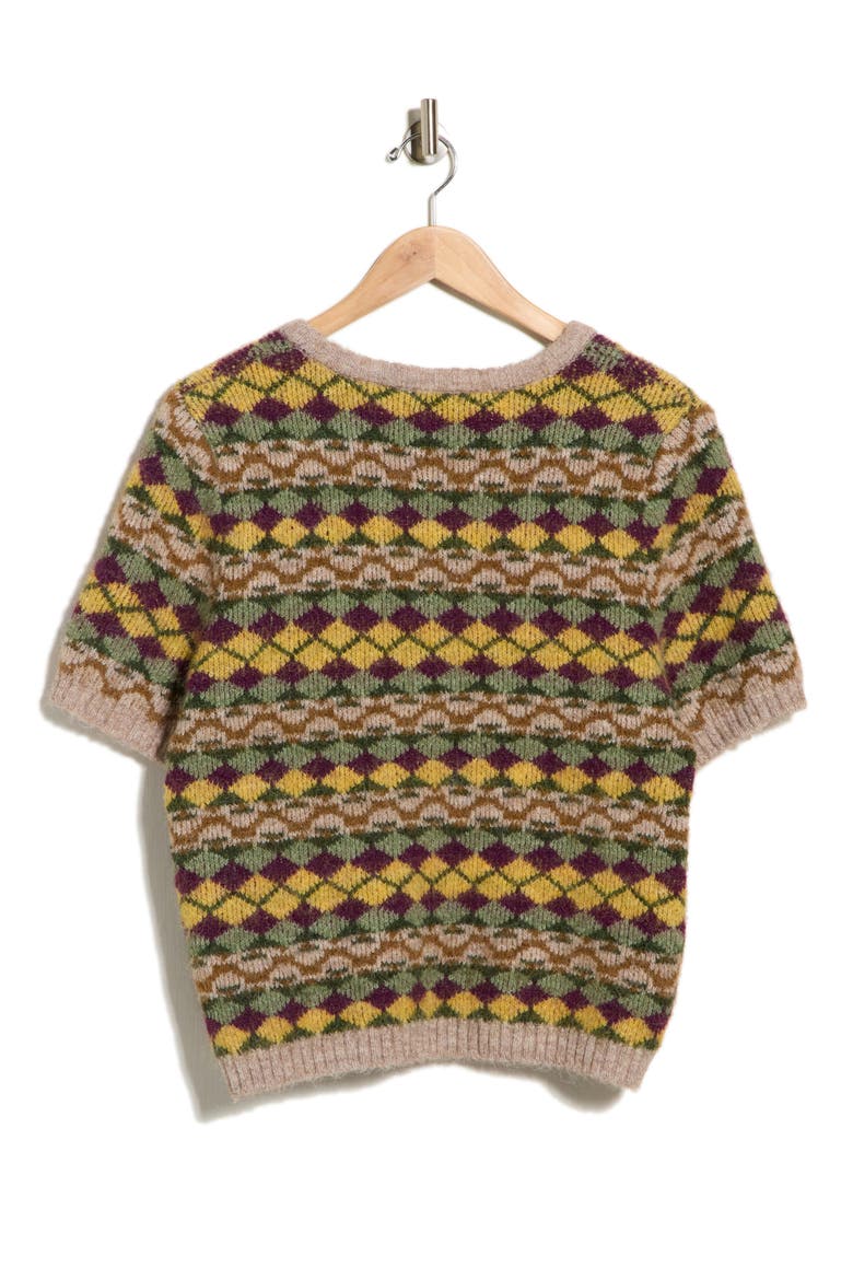 Patterned Fuzzy Sweater, Alternate, color, GREEN/ YELLOW/ BROWN JACQUARD