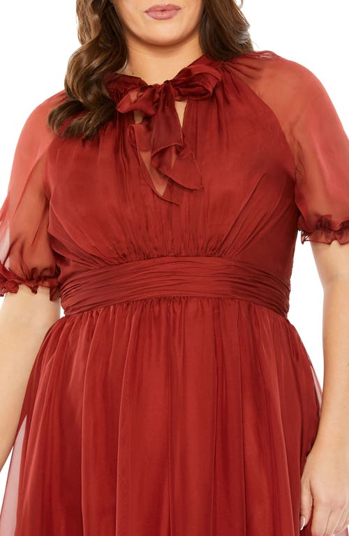 Mac Duggal Sheer Puff Sleeve Tea Length Gown In Brown