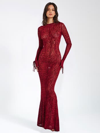 Waylynn Sheer Burnout Velvet Backless Evening Maxi Dress