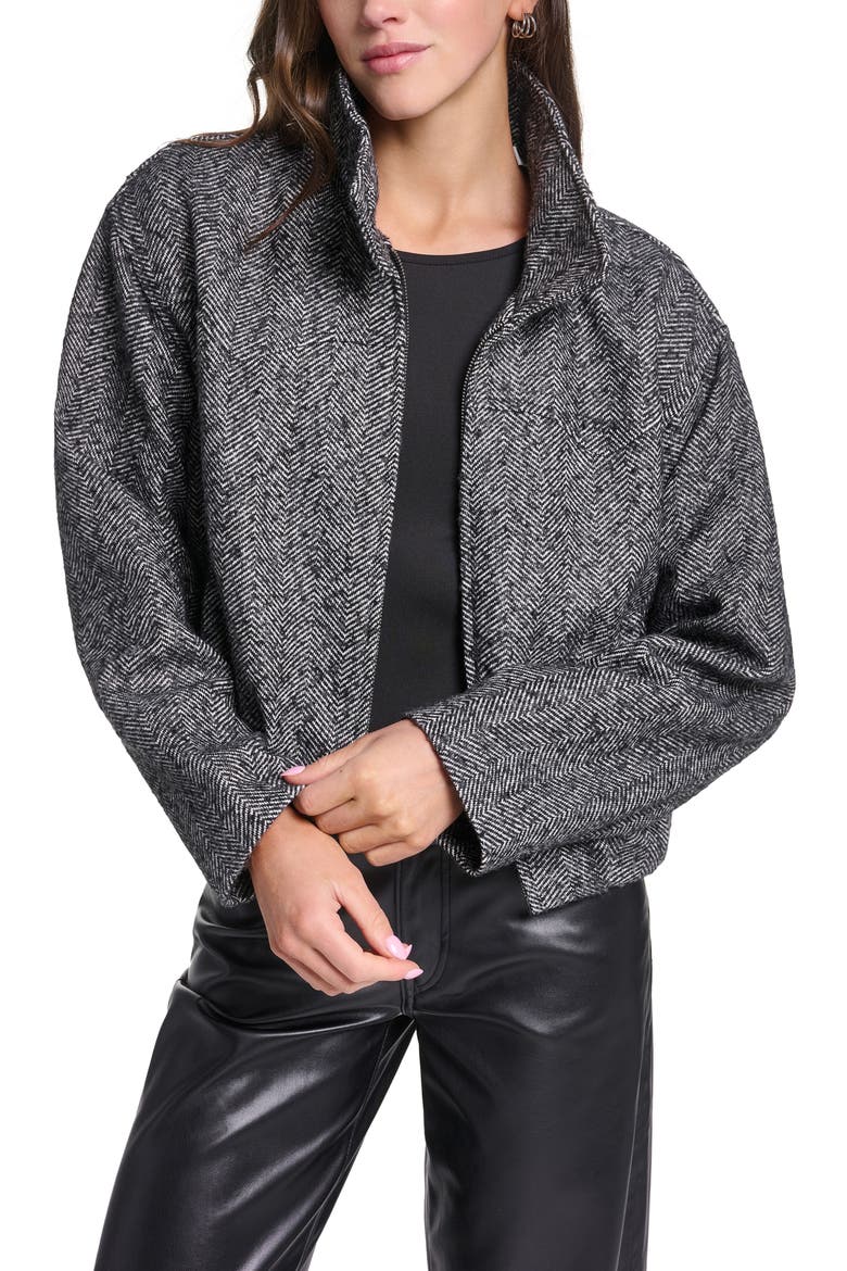 Bubble Hem Short Bomber Jacket, Alternate, color, BLACK/ WHITE HERRINGBONE