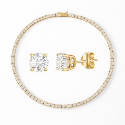 Gold-Tone Tennis Necklace and Stud Earrings Set