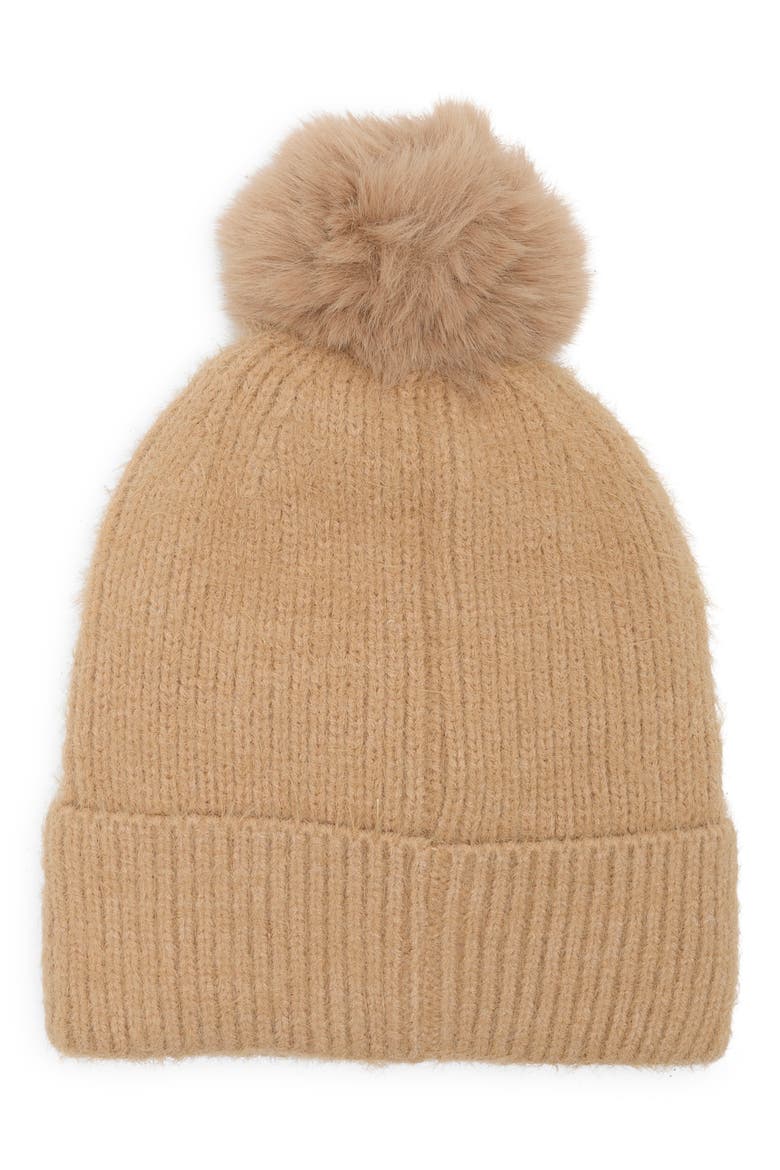 Floral Beanie with Faux Fur Pom, Alternate, color, TAUPE