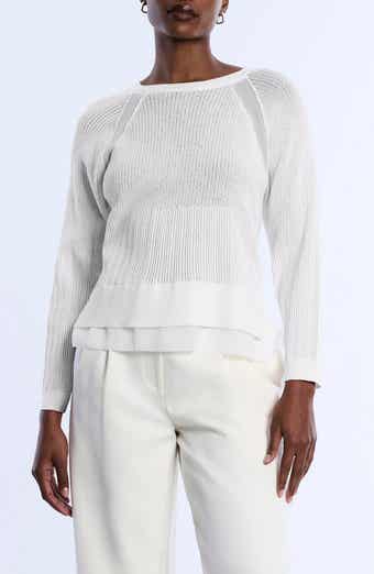 BCBGMAXAZRIA Raglan Sleeve Semisheer Cotton Blend Open Stitch Sweater
