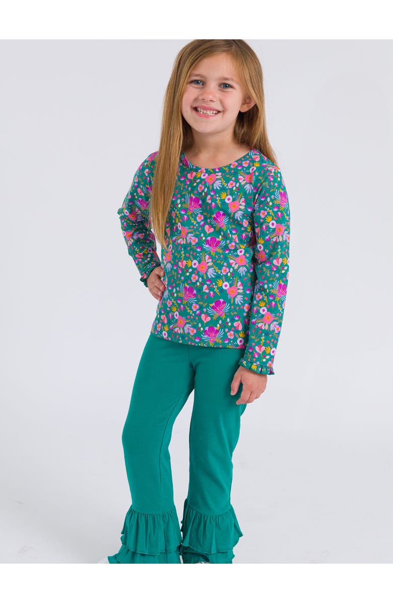 RuffleButts Knit Long Sleeve Ruffle Layering Tee, Alternate, color, Emerald Floral
