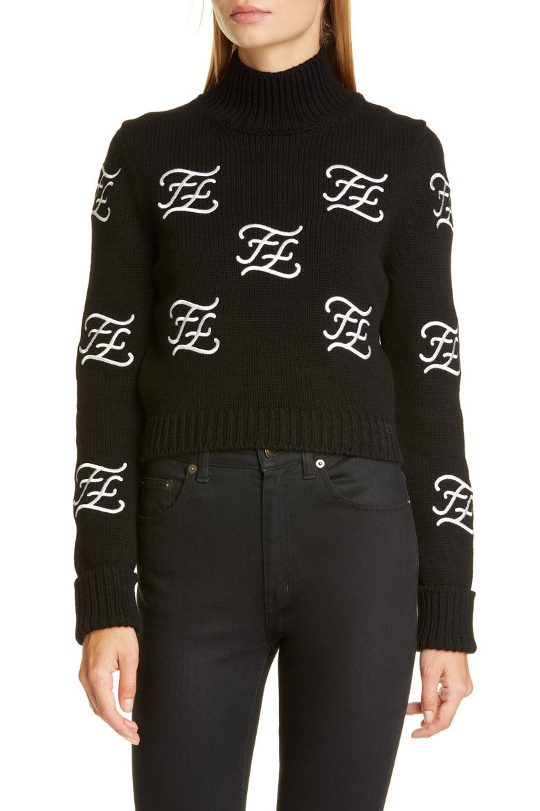 Logo Embroidered Crop Wool & Cashmere Sweater, Main, color, BLACK