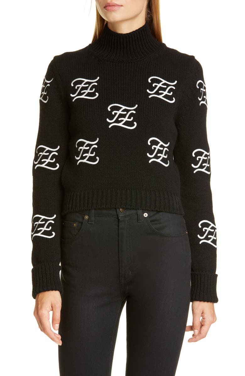 Fendi Logo Embroidered Crop Wool & Cashmere Sweater, Main, color, 
