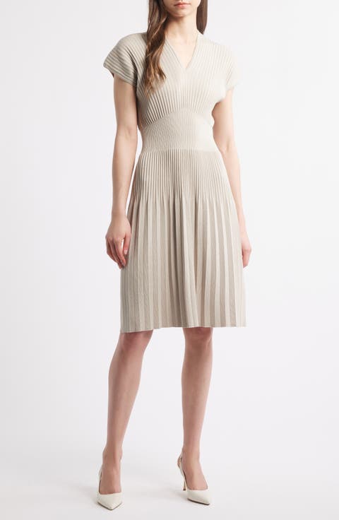 x Tanya Foster Pleated Rib Fit & Flare Dress
