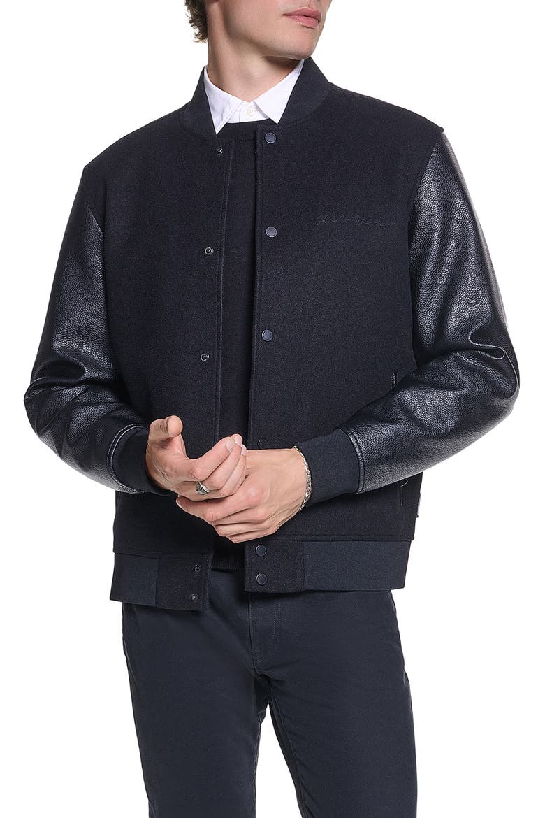 Script Logo Faux Leather Sleeve Bomber Jacket, Main, color, BLACK
