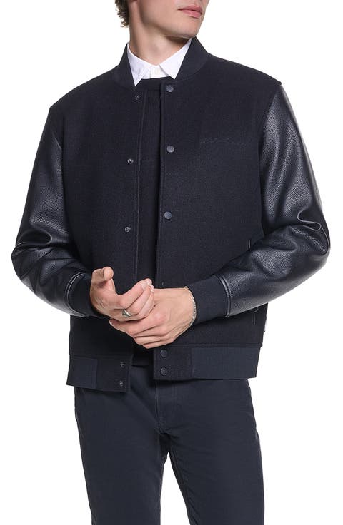 Script Logo Faux Leather Sleeve Bomber Jacket
