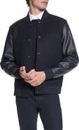 KARL LAGERFELD PARIS Script Logo Faux Leather Sleeve Bomber Jacket