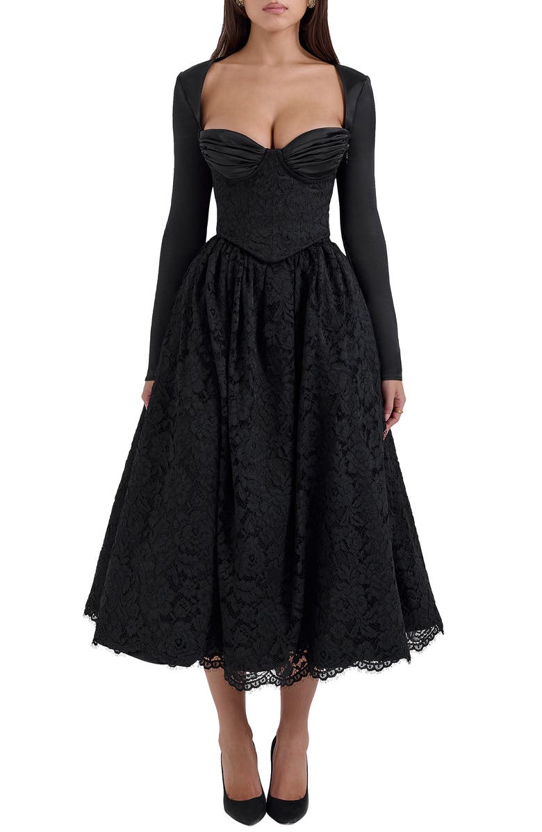 HOUSE OF CB Duchess Corset Lace Fit & Flare Midi Dress with Bolero, Main, color, Black