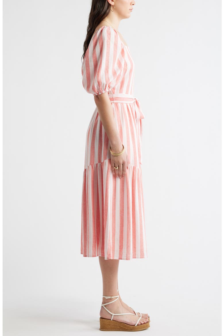 Stripe Puff Sleeve Tiered Midi Dress, Alternate, color, PINK- CORAL CABANA STRIPE