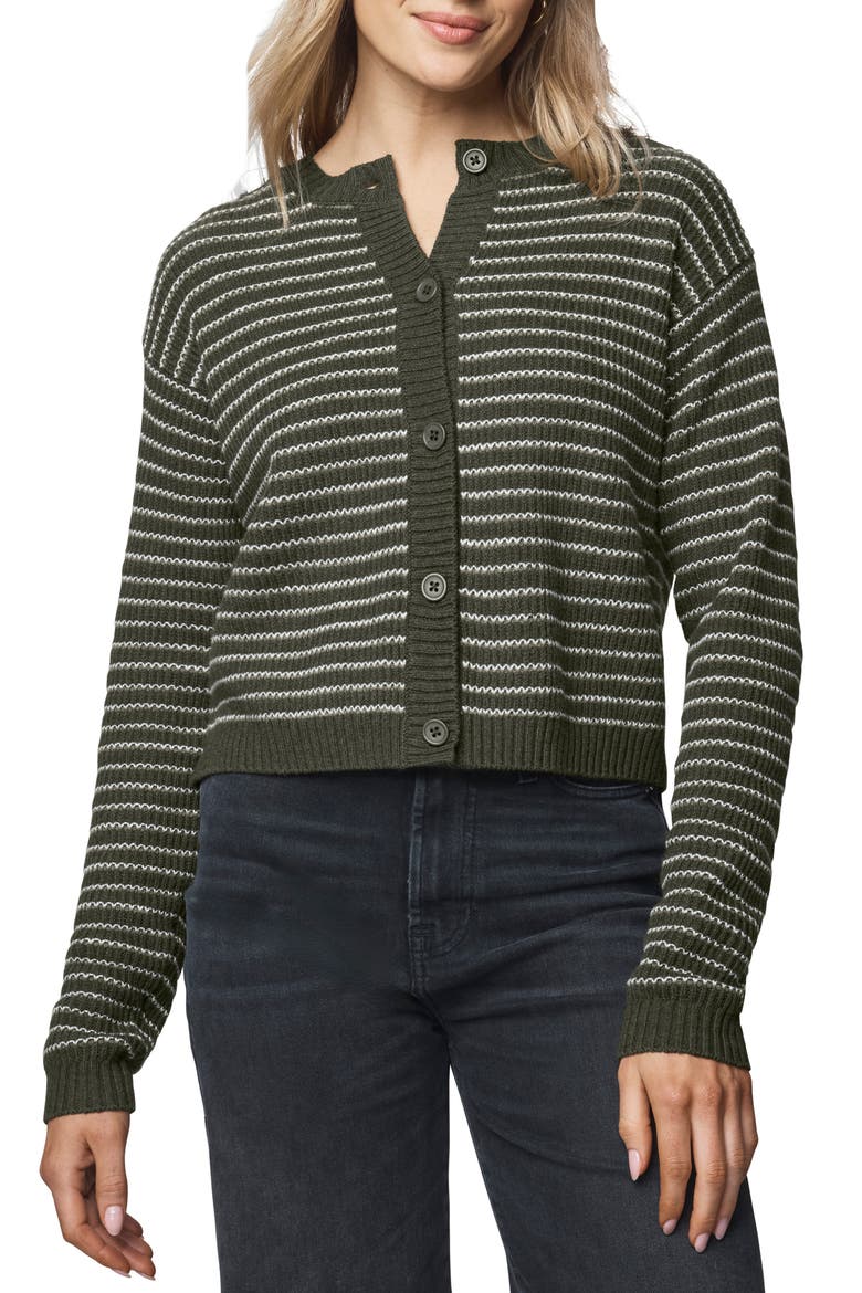 Amber Stripe Crop Cotton & Wool Blend Cardigan, Main, color, GREEN SPRUCE/ PALE OAK