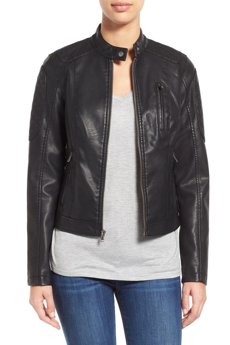Levi's® Quilt Detail Faux Leather Racer Jacket, Main, color, BLACK