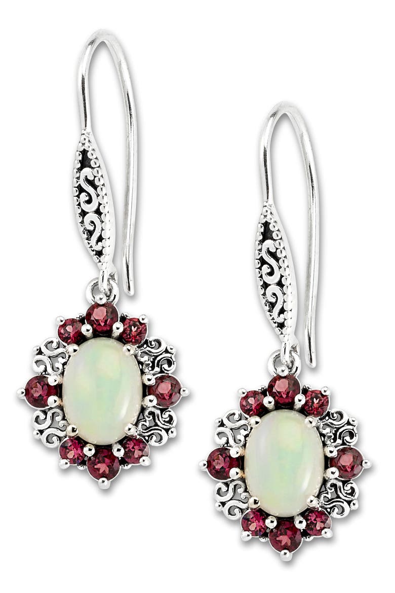 Sterling Silver Oval Opal & Semiprecious Stone Halo Drop Earrings, Main, color, RED MULTI