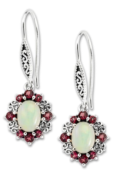 Sterling Silver Oval Opal & Semiprecious Stone Halo Drop Earrings