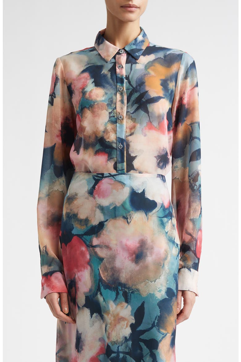 Abstract Floral Chiffon Button-Up Shirt, Main, color, MIST MULTI