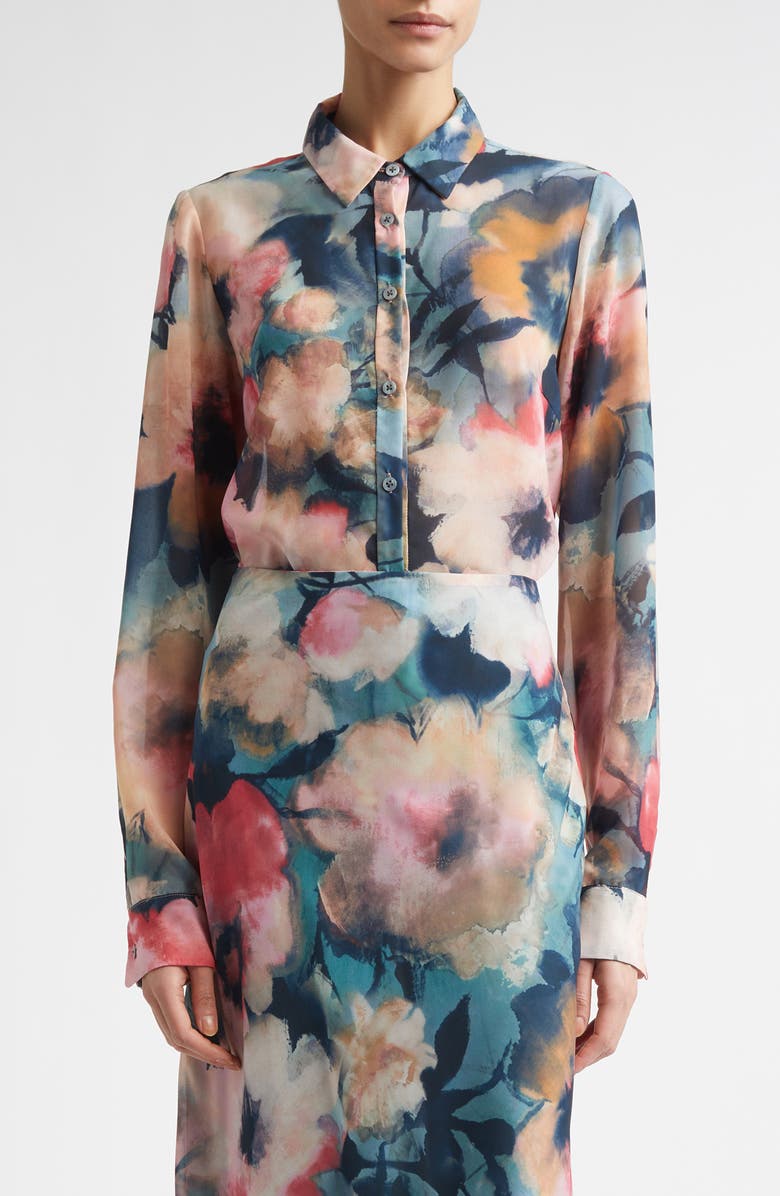 Lela Rose Abstract Floral Chiffon Button-Up Shirt, Main, color, Mist Multi