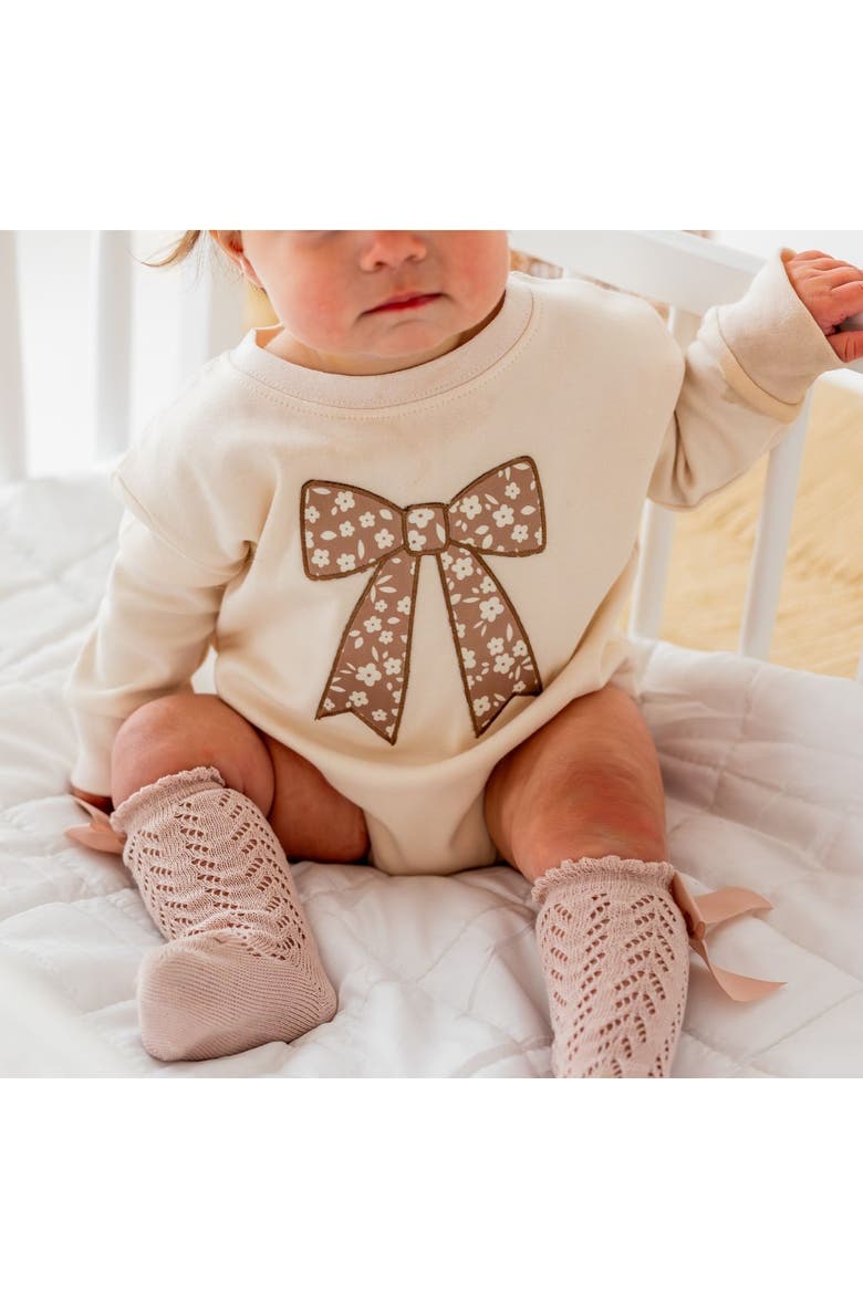 Mocha Floral Bow Patch Long Sleeve Romper, Alternate, color, Natural Heather
