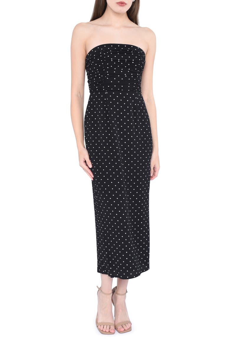 Birdie Ruched Strapless Midi Dress, Alternate, color, BLACK POLKA-DOT